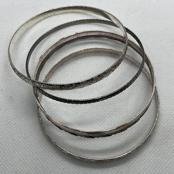 Sliver Tone Mixed Thickness Bangle Bracelets Textured - Picture 3 of 8